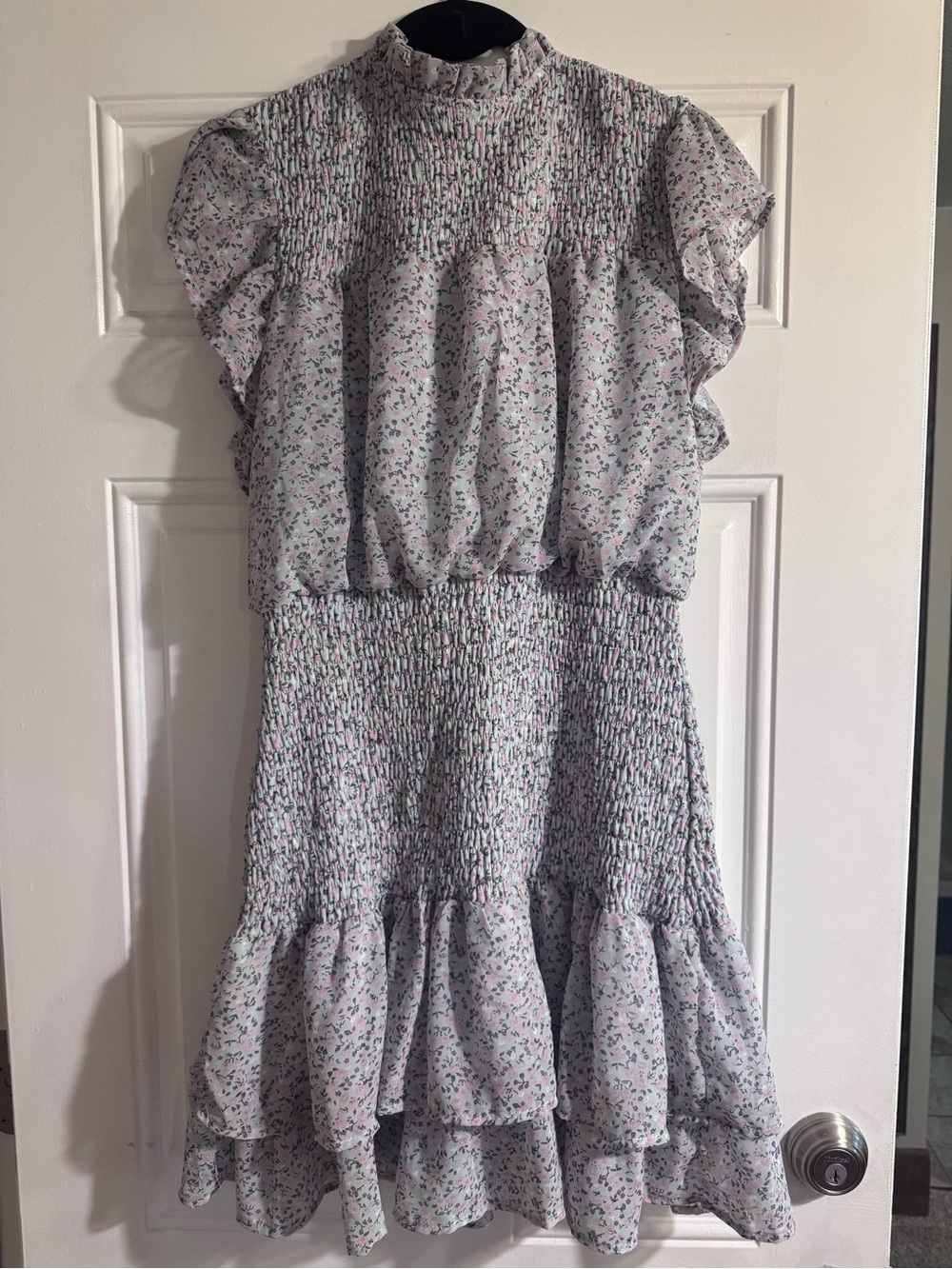 Timing Light Blue Pink Ditzy Floral Smocked Mini Dress